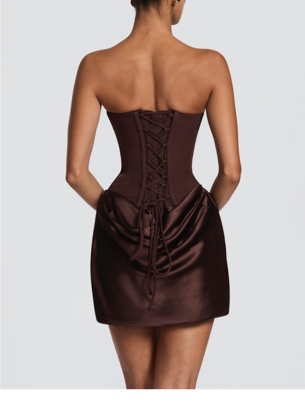 Strapless Satin Corset Mini Dress in Deep Brown